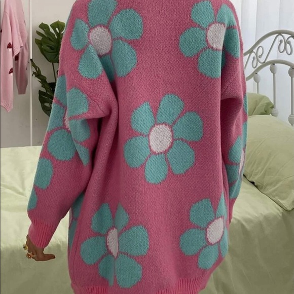 Cardigan sweater floral pink blue knit womens - Picture 4 of 8